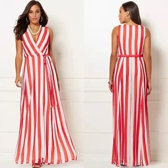Eva Mendes Collection Red Candy Stripe Kenzie Maxi Wrap Dress Sz L - Picture 1 of 6
